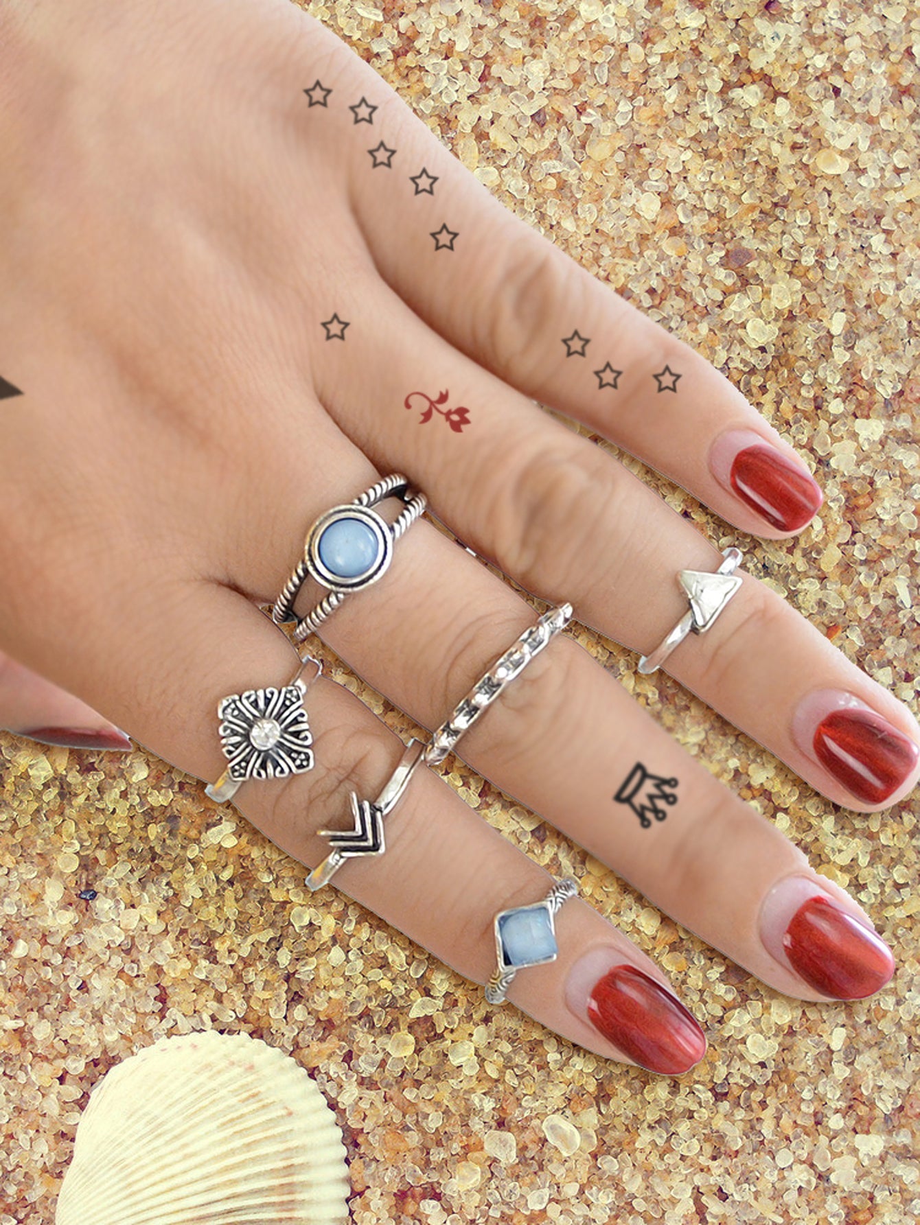 Vintage 6pcs Blue Bead Decor Arrow Flower Multiple Bulk Pack Joint Knot Ring set