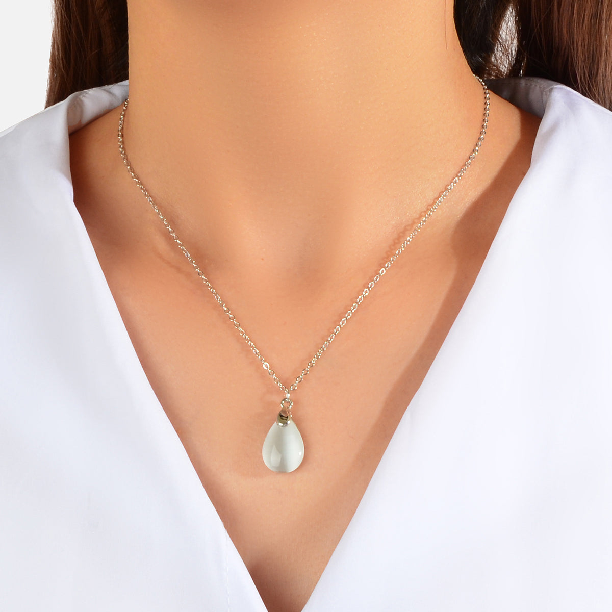 Textured Jewelry Silver Chain Opal Water Drop Charm Necklace Gift for Women Girl