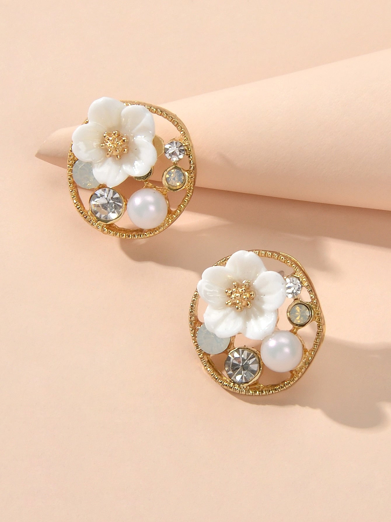 White Floral Stud Earrings Gold Triangle Earrings Set Elegant Jewelry Collection