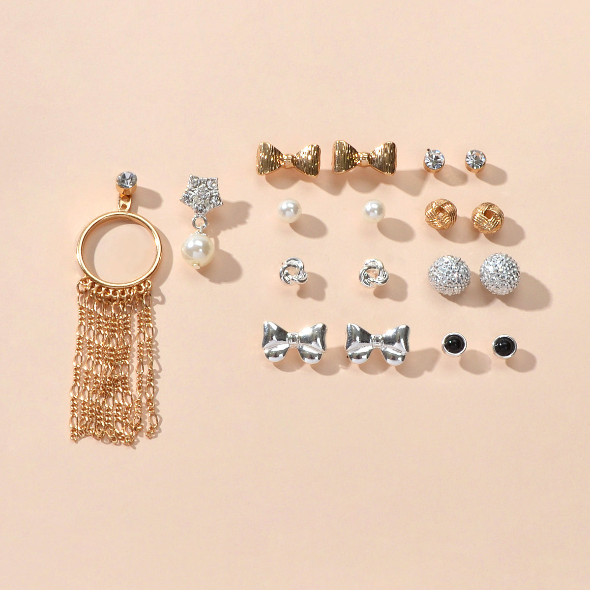 9 pairs Bowknot Rhinestone Pearl Stud Flower Tassel Chain Dangle Earrings Gift