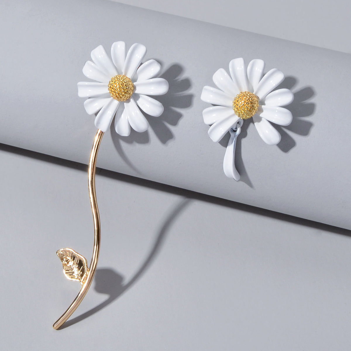 Asymmetrical White Enamel Flower Stick Stud Dangle Earrings Ear Jacket Jewellery