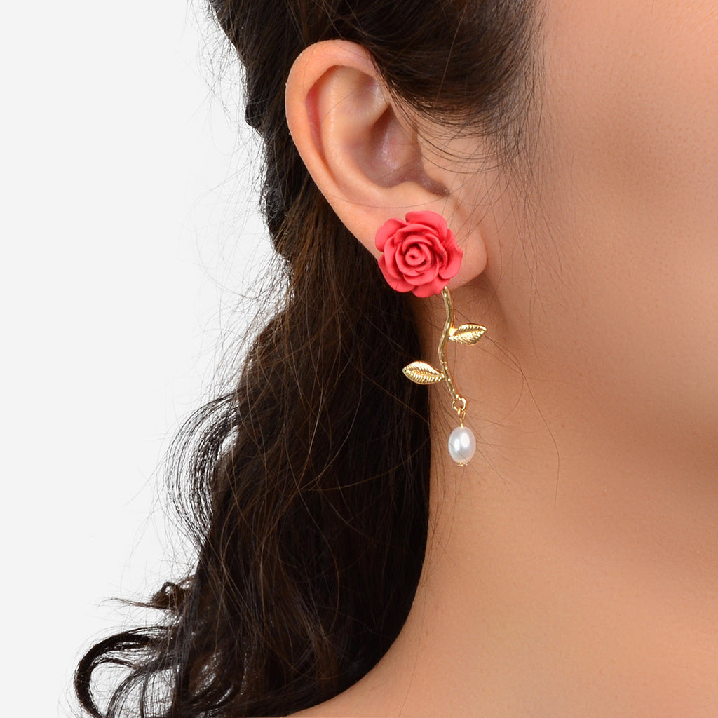 Elegant Resin Flower Leaf Pearl Charm Dangling Classic Stunning Bridal Earrings