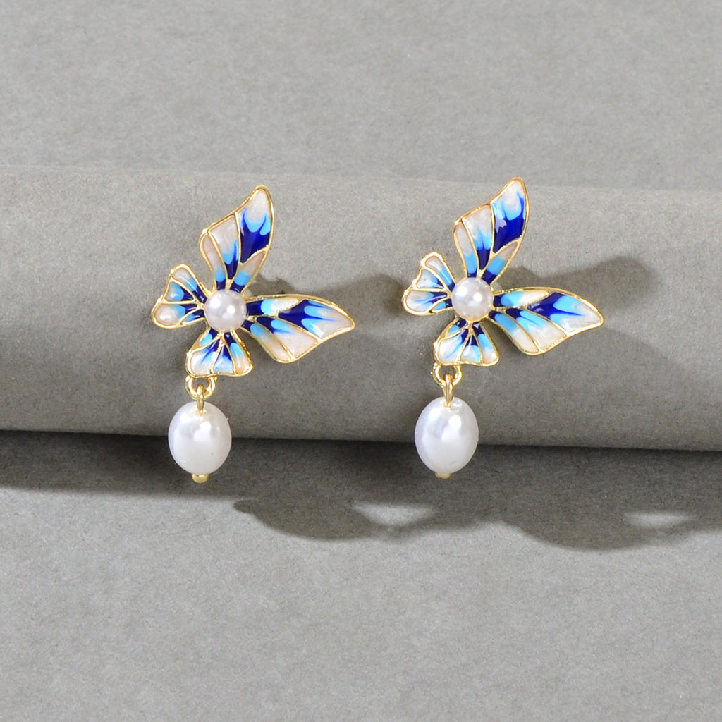Trendy Dangle Pearl Blue White Enamel Butterfly Hypoallergenic Pierced Earrings