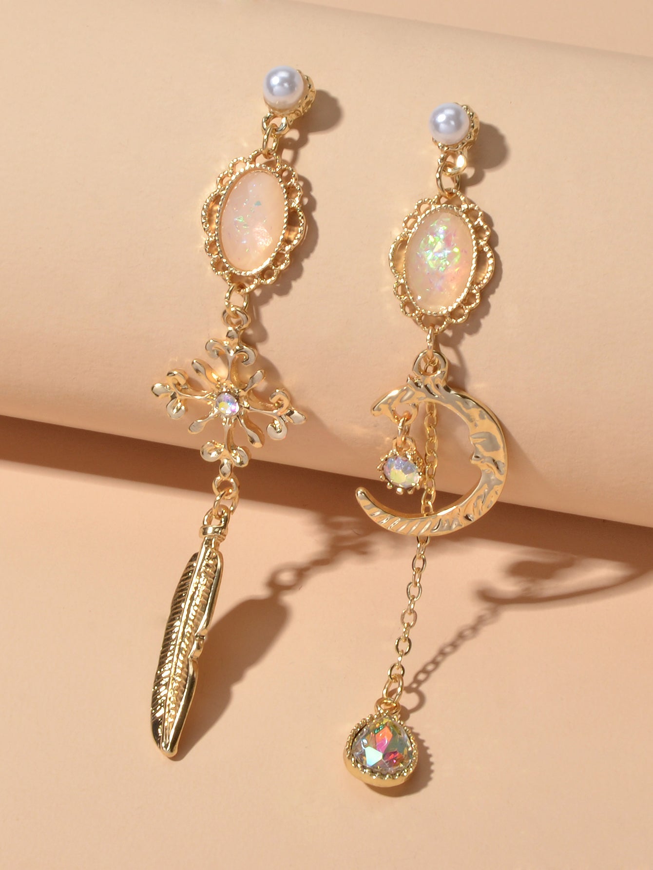 AU Local Rhinestone Moon Feather Snowflake Waterdrop Asymmetric Stud Earrings