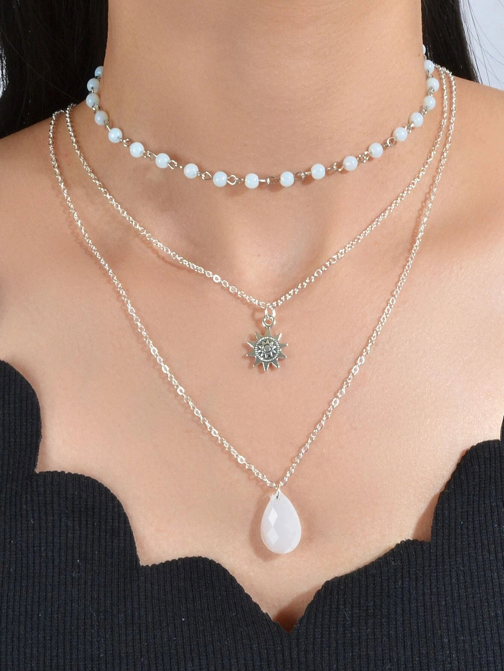 Triple Chain Star Water Drop Beads Necklace Creative Handmade Dainty Jewellery