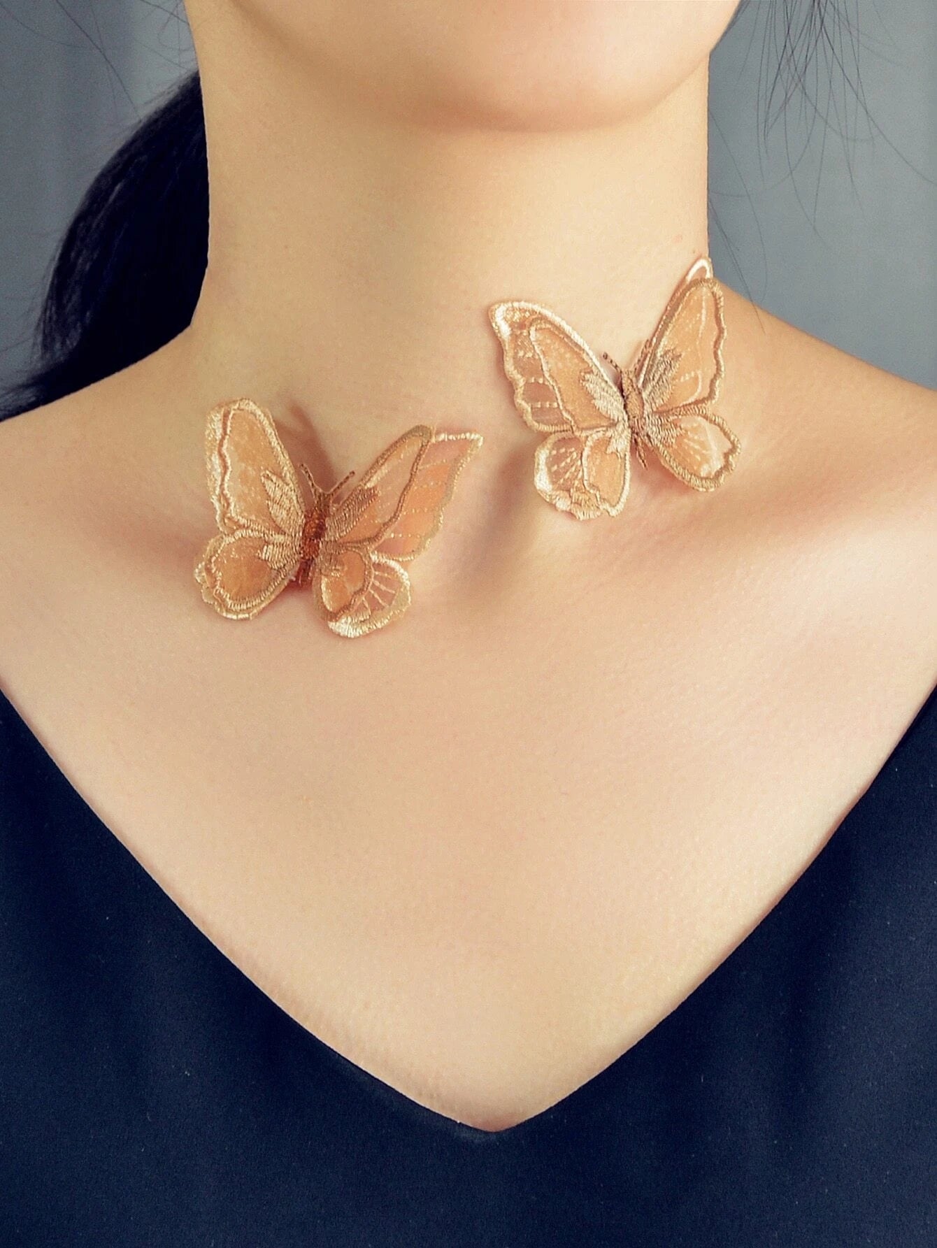 Fashion Jewellery Transparent Cord Brown Embroidery Butterfly Choker Necklace