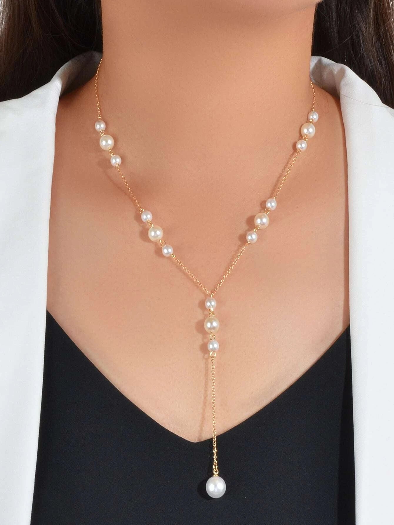 Pearl Decoration Long Gold Chain Y Shape Pendant Clavicle Necklace Teens Collar