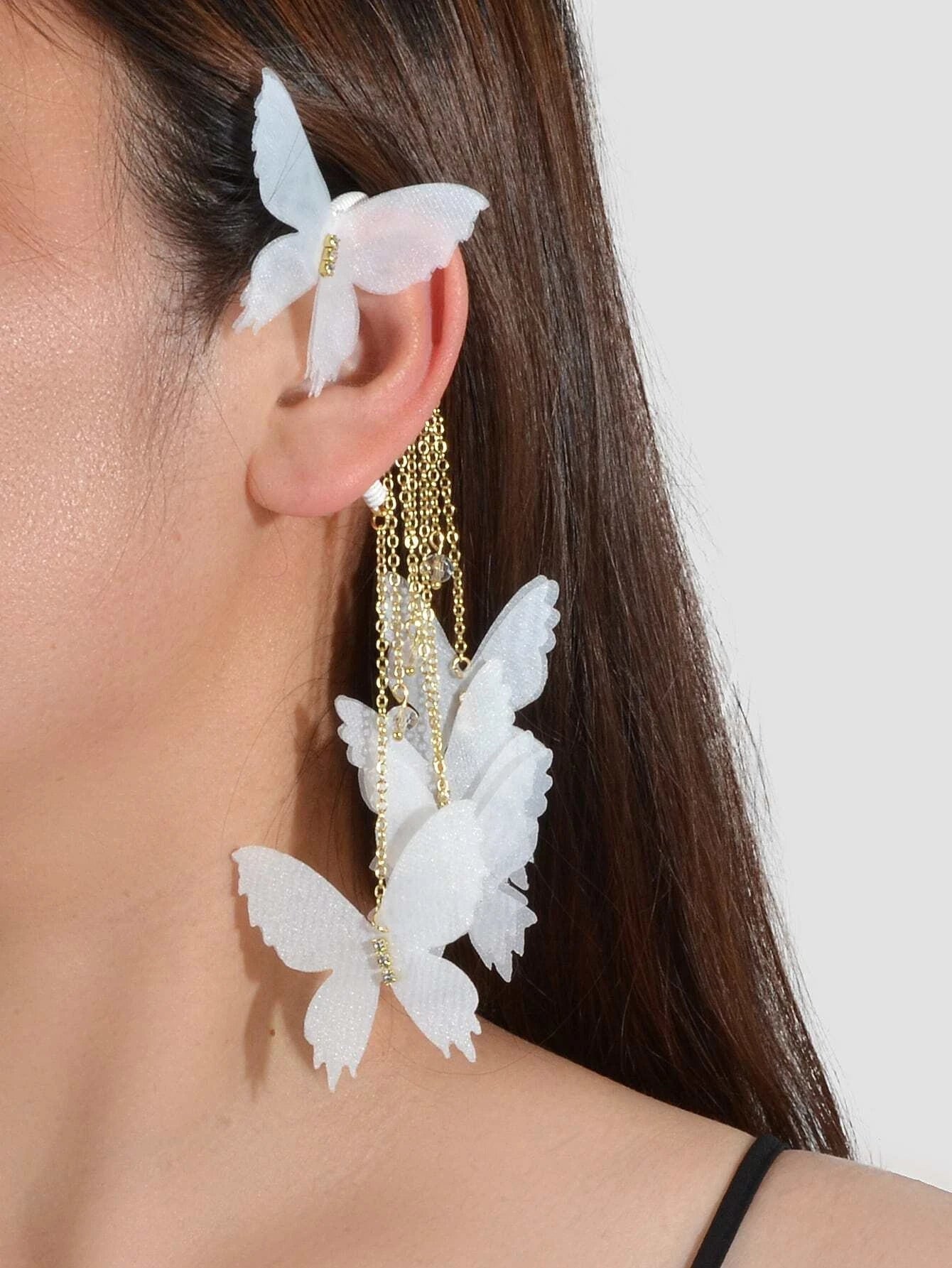 1pc Gold Tassel Chain White Handmade Butterfly Dangle Earring Ear Cuff Climber-0