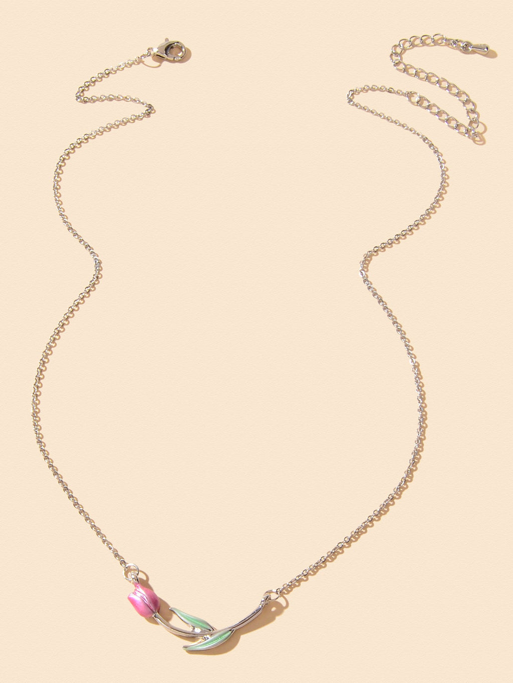 Elegant Silver Chain Green Leaf Pink Tulip Flower Pendant Anniversary Necklace