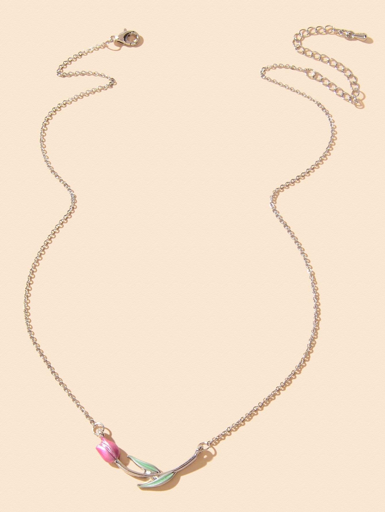 Elegant Silver Chain Green Leaf Pink Tulip Flower Pendant Anniversary Necklace