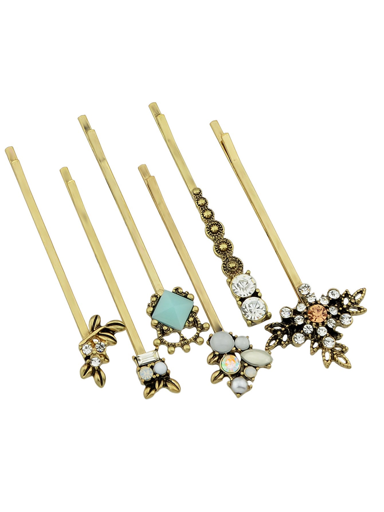 6 pcs Hair Accessories Ethnic Antique Gold Rhinestone Leaf Barrettes Hair Clips