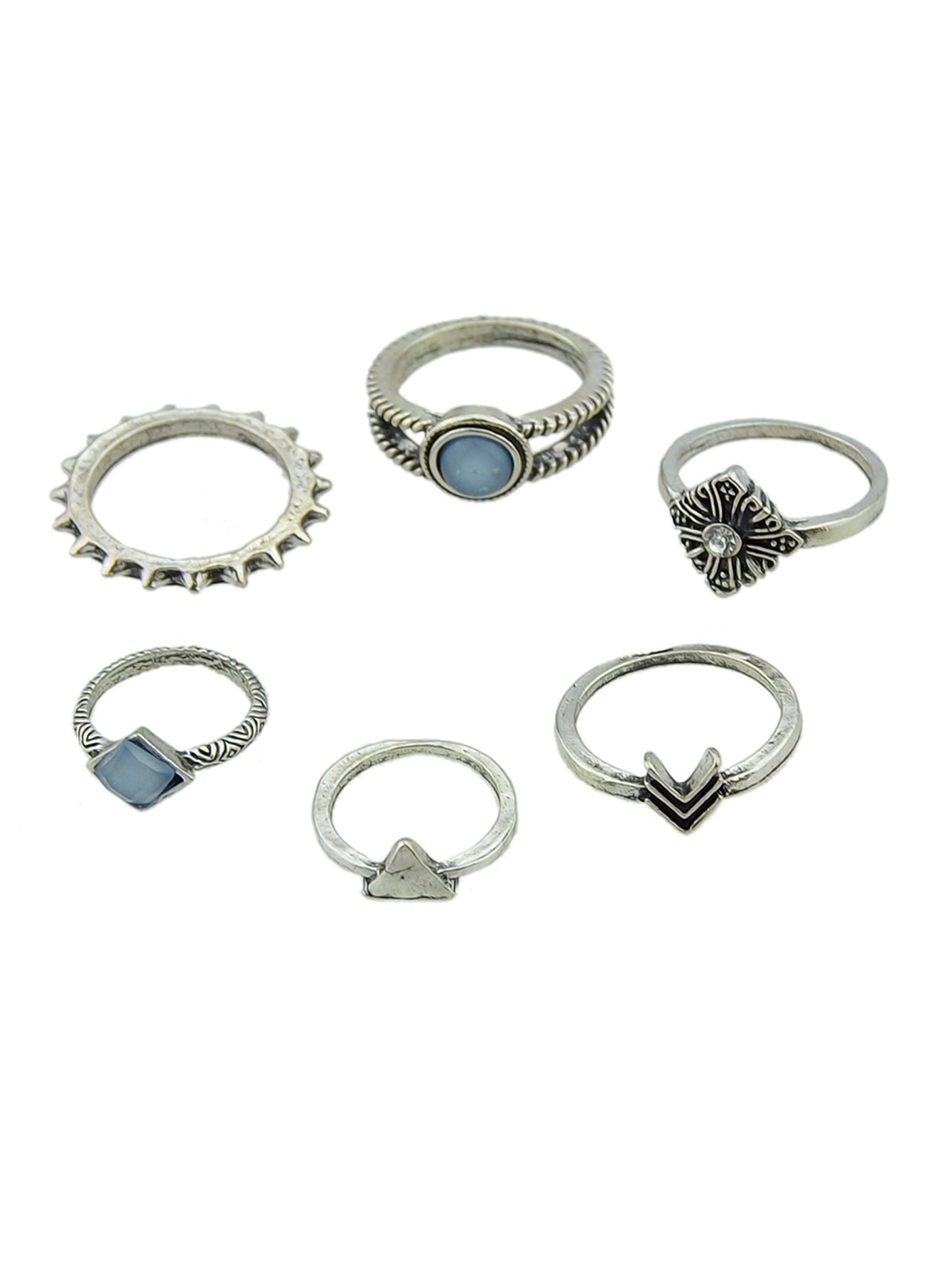 Vintage 6pcs Blue Bead Decor Arrow Flower Multiple Bulk Pack Joint Knot Ring set