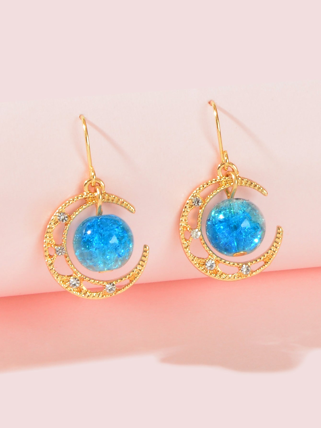 Blue Moonstone Hollow Gold Moon Dangle Hook Earrings Boho Celestial Jewellery