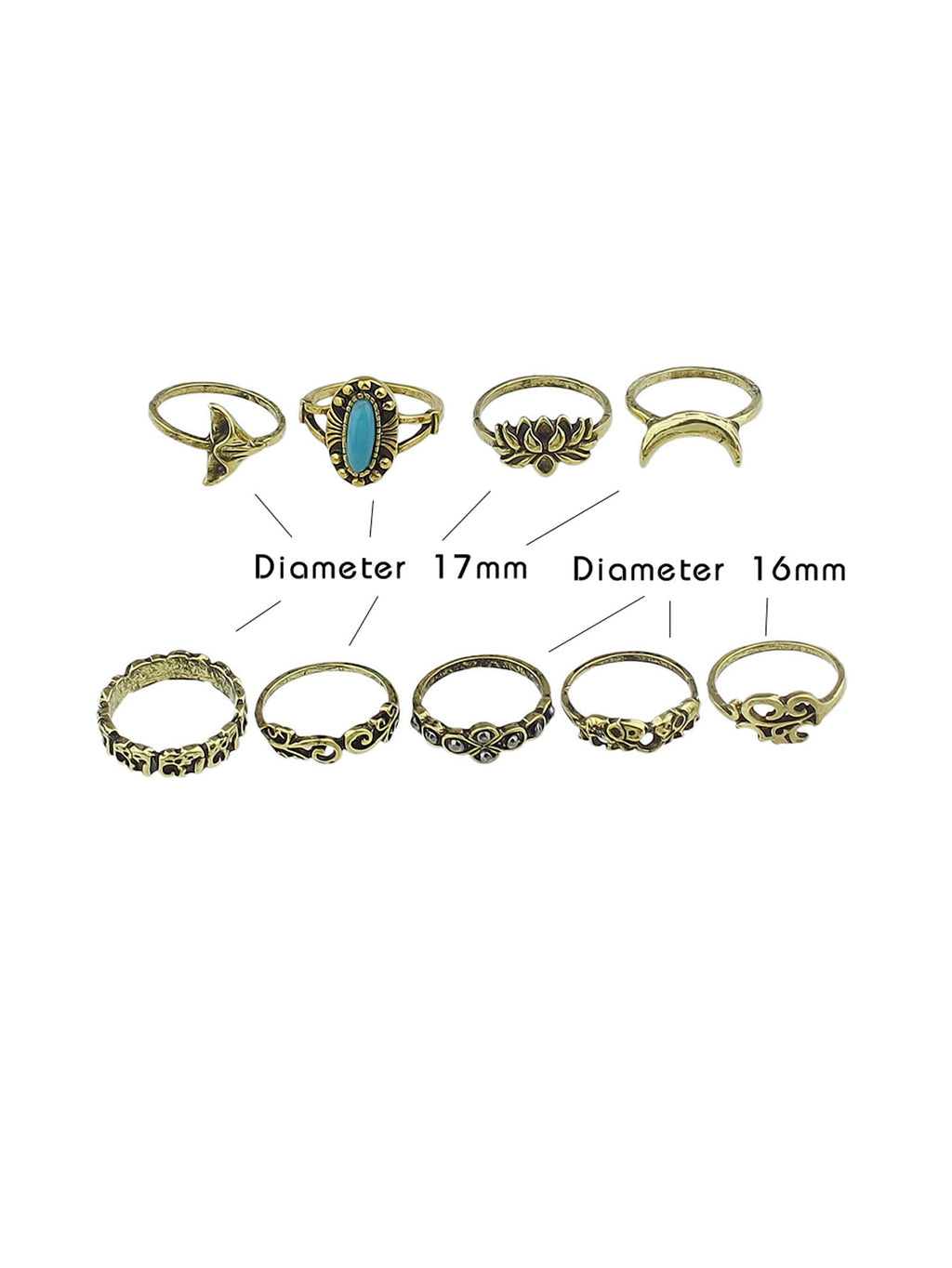 Stackable 9pcs Tribal Ethnic Lotus Elephant Moon Flower Multiple Bulk Rings set