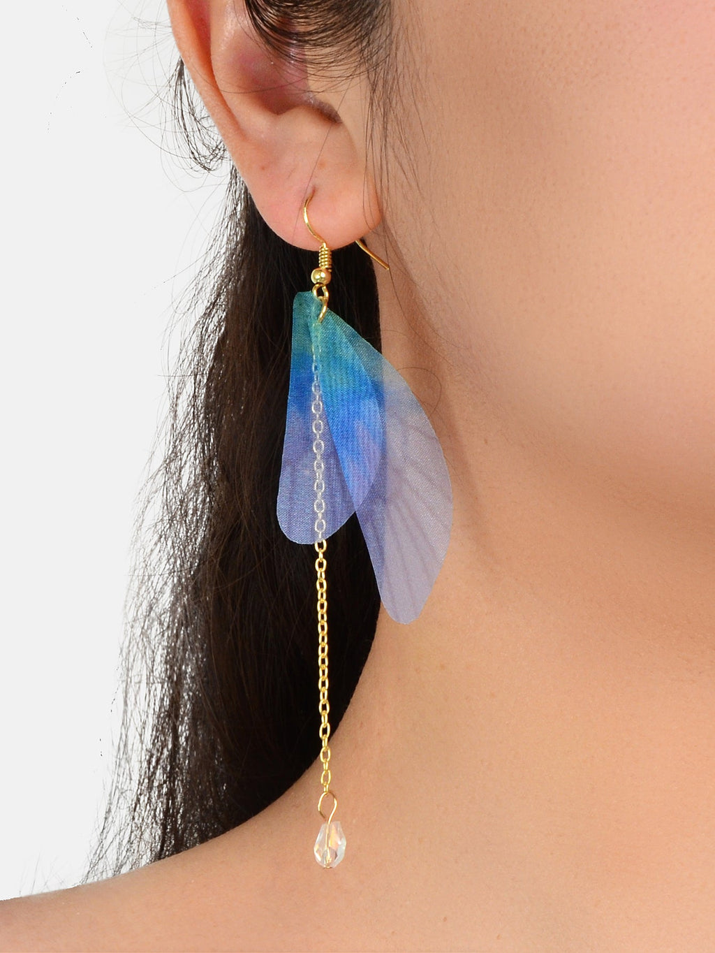 Unique Gold Chain Dangle Blue Transparent Dragonfly Wing Earrings Insect Jewelry