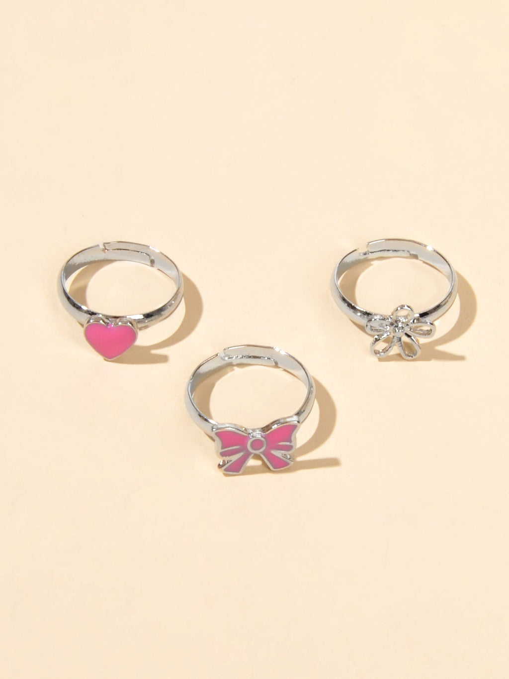 3 pcs Pink Heart Bowknot Trendy Silver Flower Multiple Cuff Finger Ring Set Gift