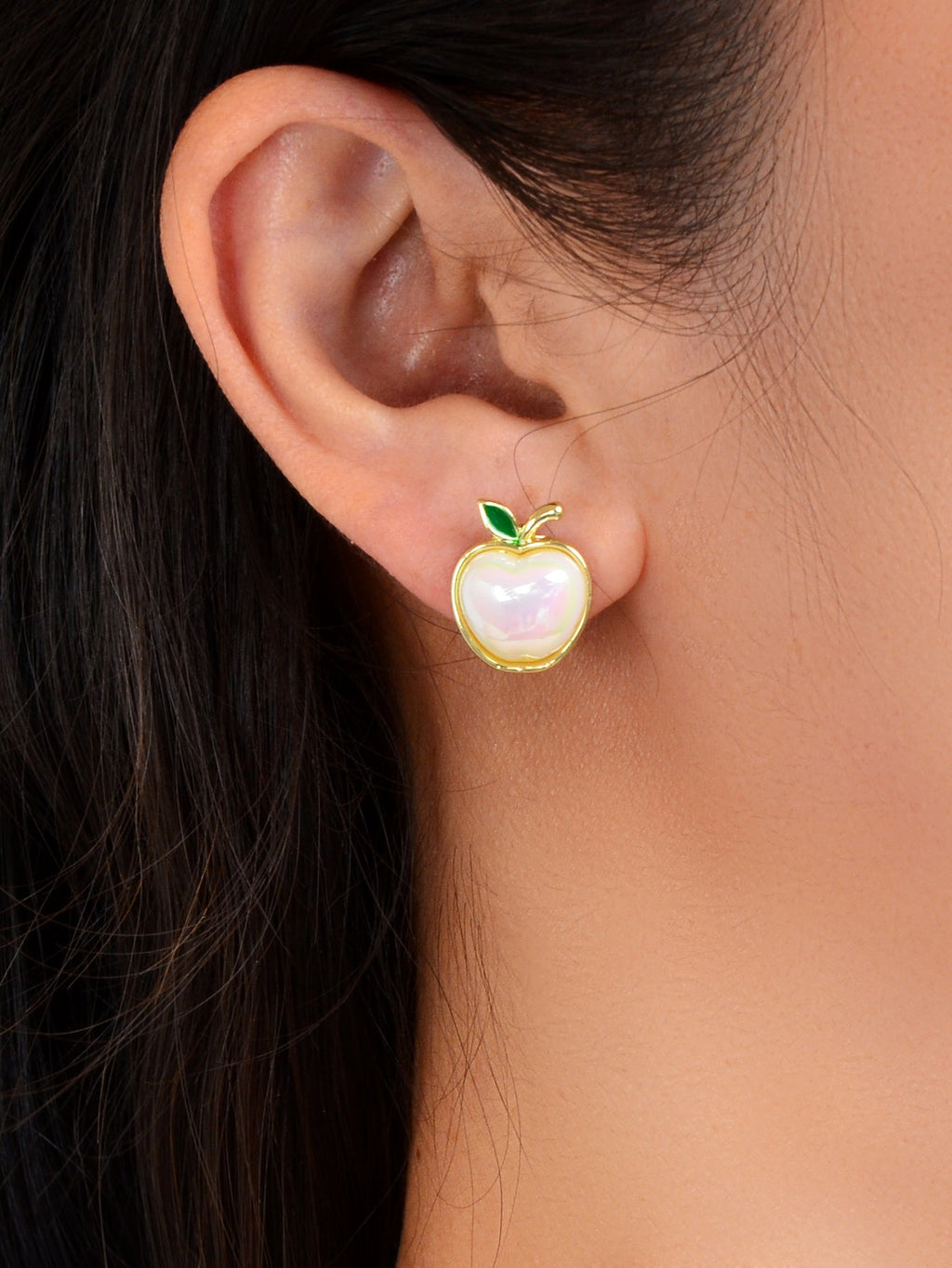 Exquisite Green Leaf White Pearl Apple Stud Earrings Women Anniversary Jewellery