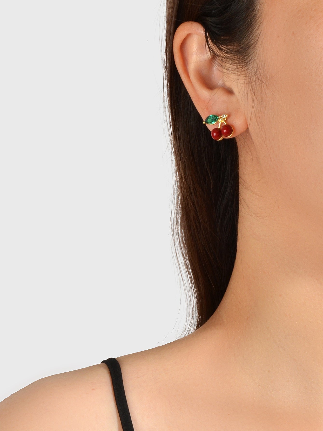 Lovely Fruit Jewellery Green Crystal Leaf Red Beads Stud Elegant Cherry Earrings