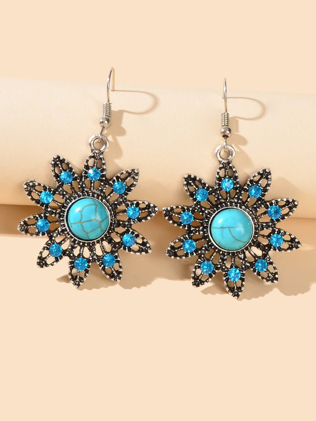 Vintage Jewelry Antique Silver Hollow out Blue Turquoise Flower Dangle Earrings