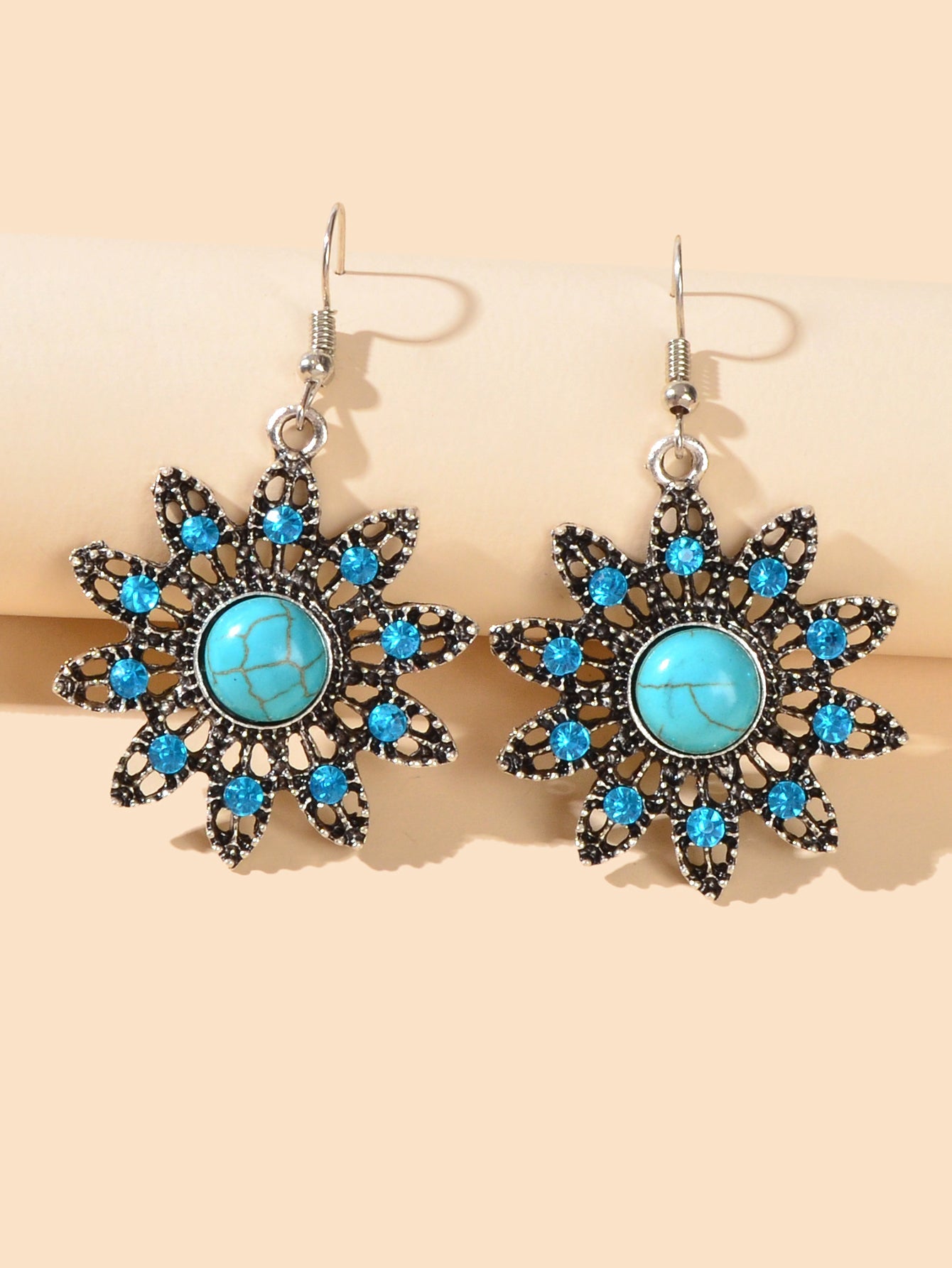 Vintage Jewelry Antique Silver Hollow out Blue Turquoise Flower Dangle Earrings