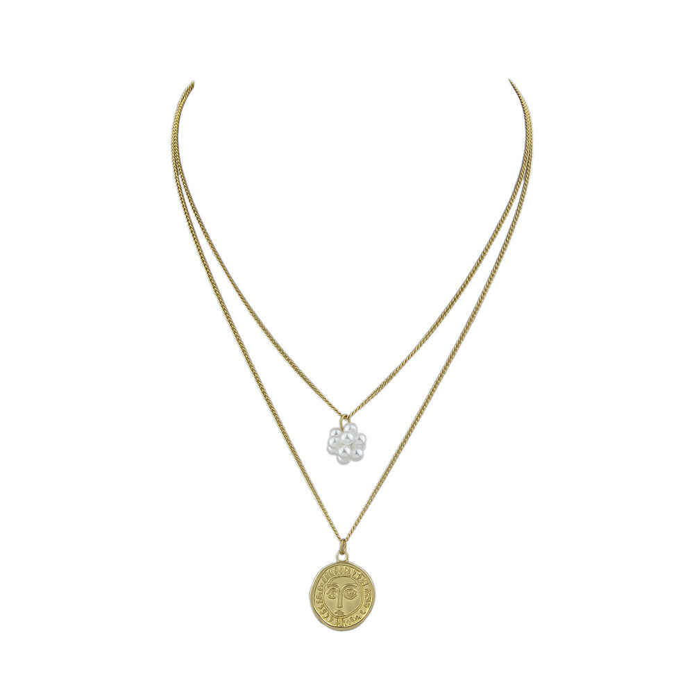 Personality Jewelry Double layer Gold Chain Pearl Ball Face Round Charm Necklace