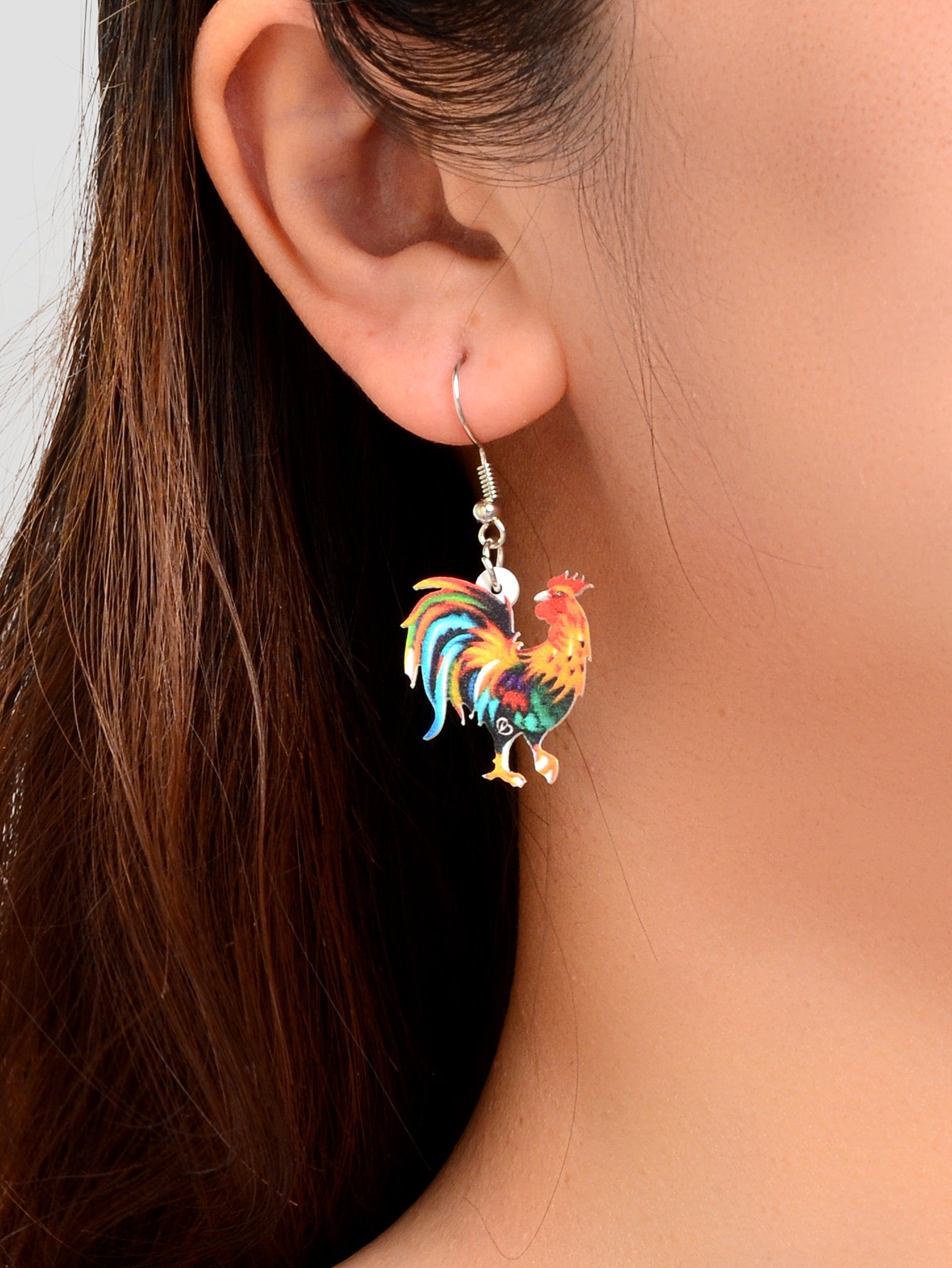 Statement Jewellery Colourful Cock Chicken Acrylic Dangling Rooster Earrings