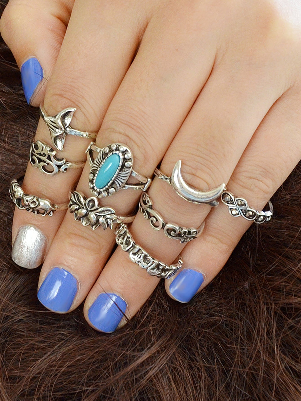 Stackable 9pcs Tribal Ethnic Lotus Elephant Moon Flower Multiple Bulk Rings set