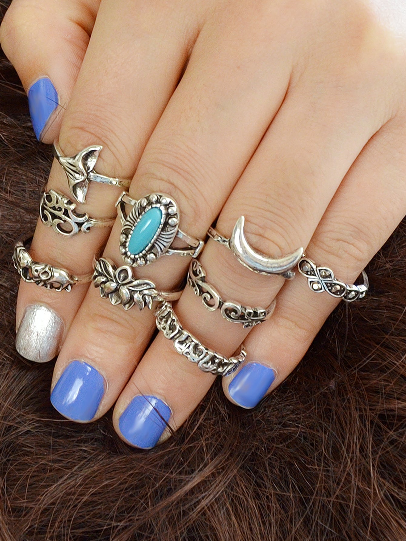 Stackable 9pcs Tribal Ethnic Lotus Elephant Moon Flower Multiple Bulk Rings set