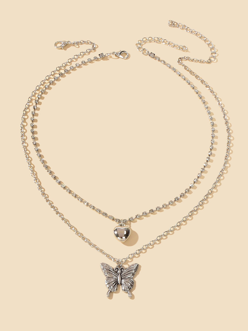 2 pcs Multiple Layered Rhinestone Chain Silver Heart Carved Butterfly Necklace-1