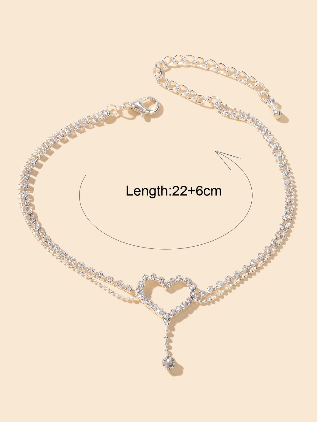 Shiny Double layer Silver Ball Chain Heart Charm Rhinestone Anklet Bracelet Gift