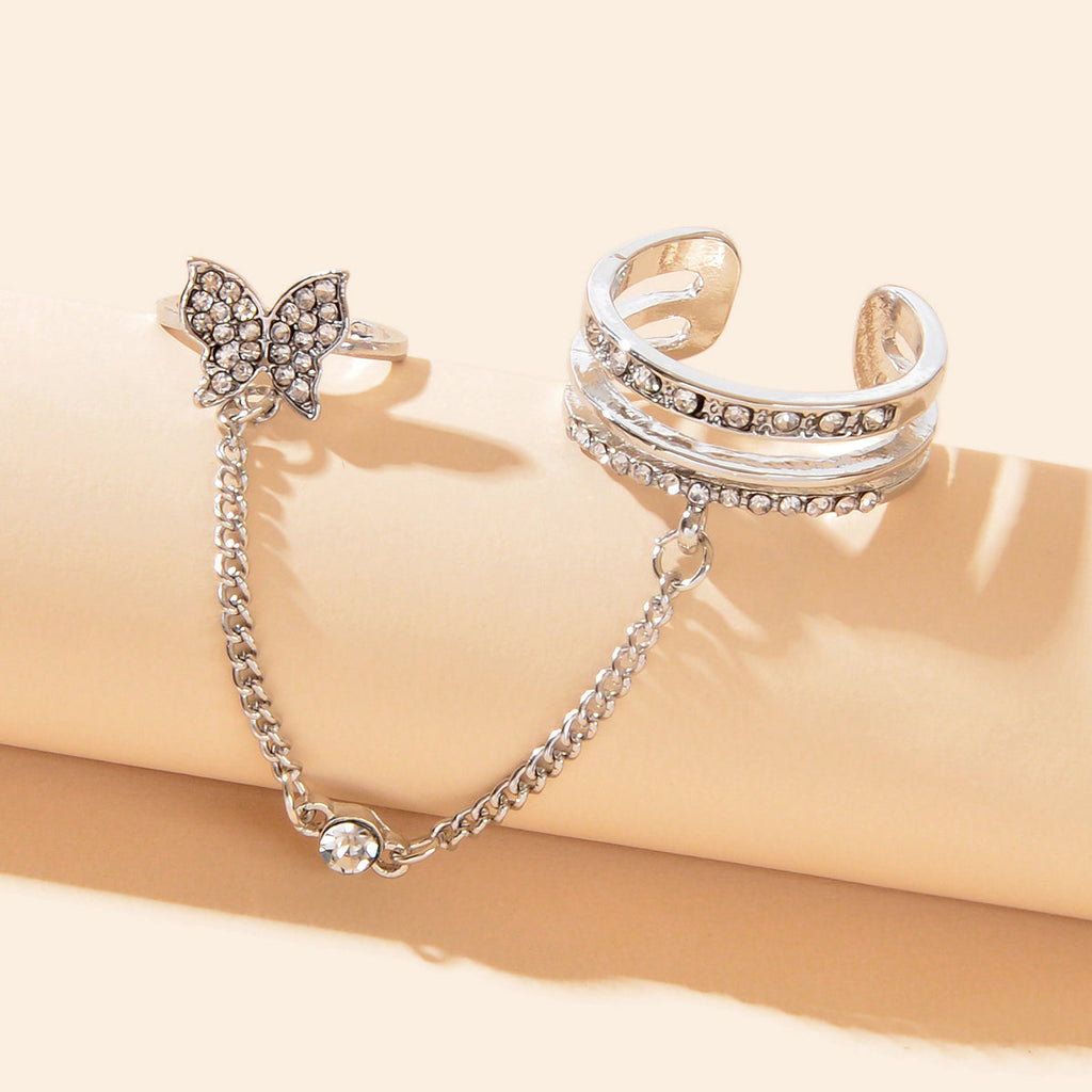 Personality Rhinestone Silver Butterfly Double Fingers Ring with Chain Ear Cuff