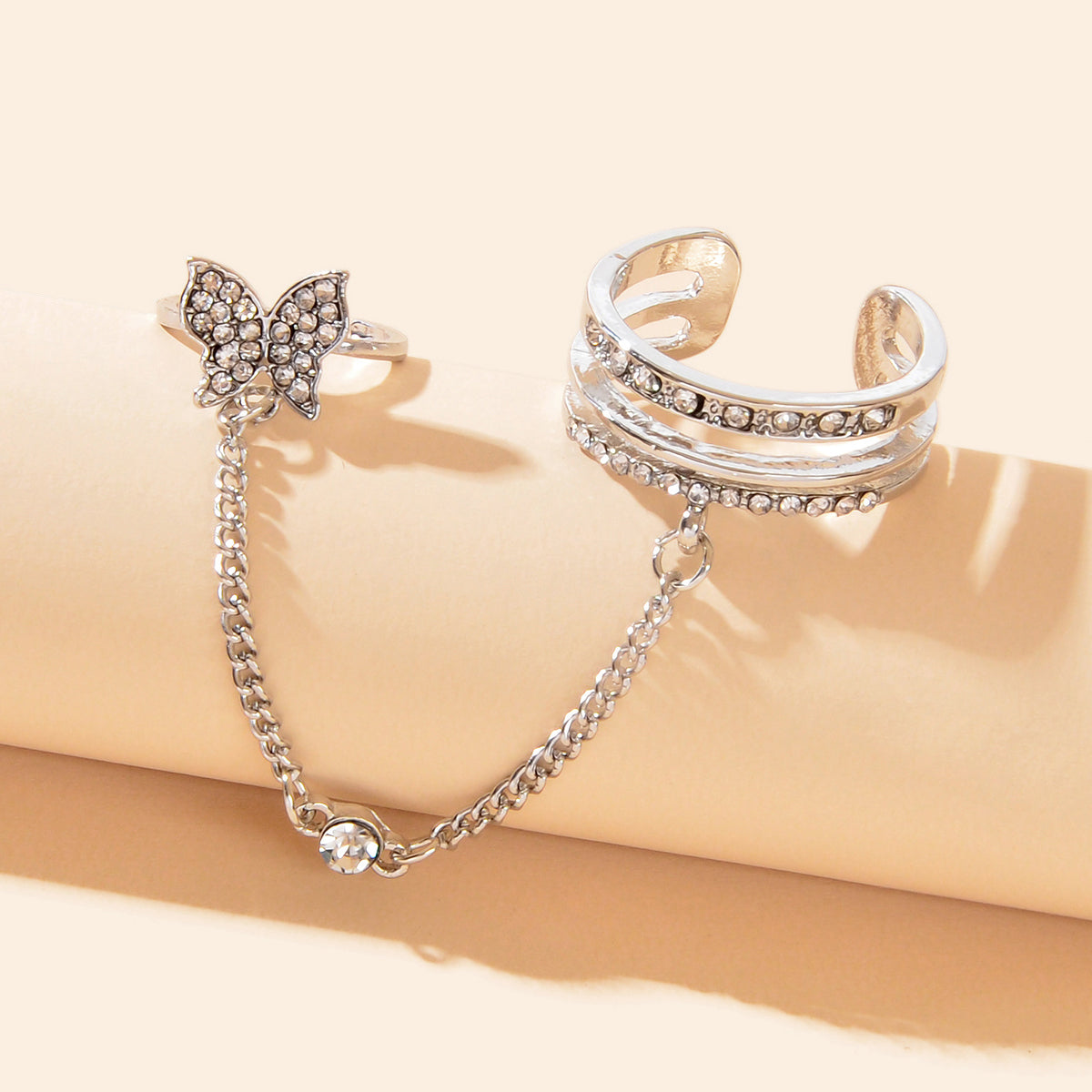 Personality Rhinestone Silver Butterfly Double Fingers Ring with Chain Ear Cuff