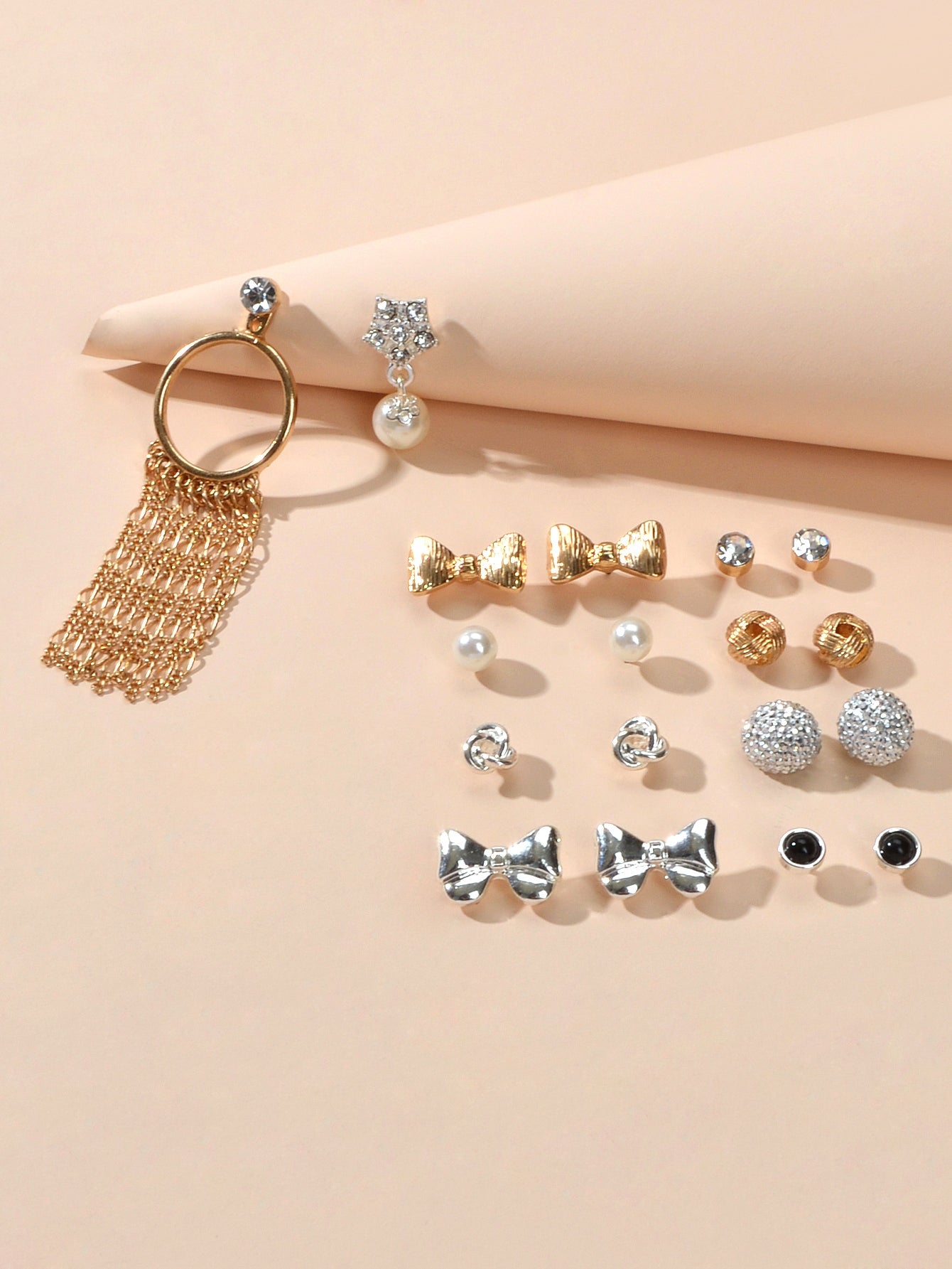 9 pairs Bowknot Rhinestone Pearl Stud Flower Tassel Chain Dangle Earrings Gift