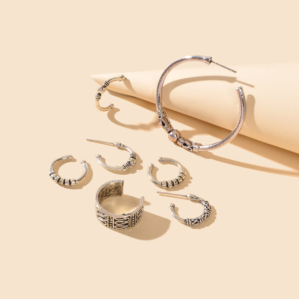 7 pcs Boho Chic Antique Silver Hoop Earrings Set Oxidized Intricate Ear Cuffs