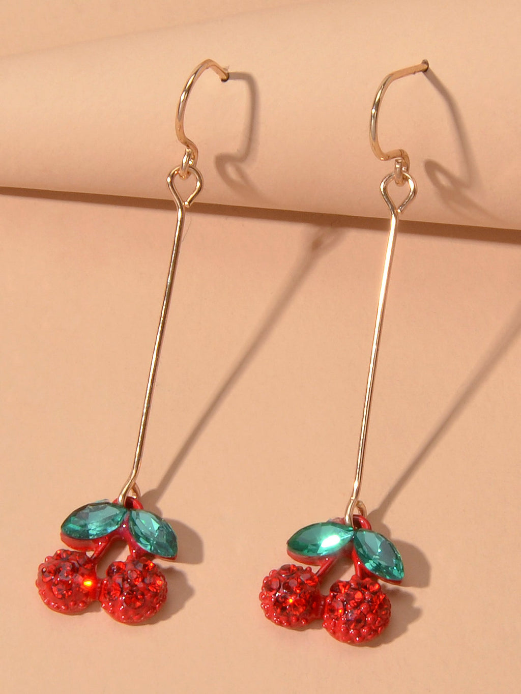 Gift Jewellery Cute Funny Green Crystal Red Cherry Long Dangle Pendant Earrings