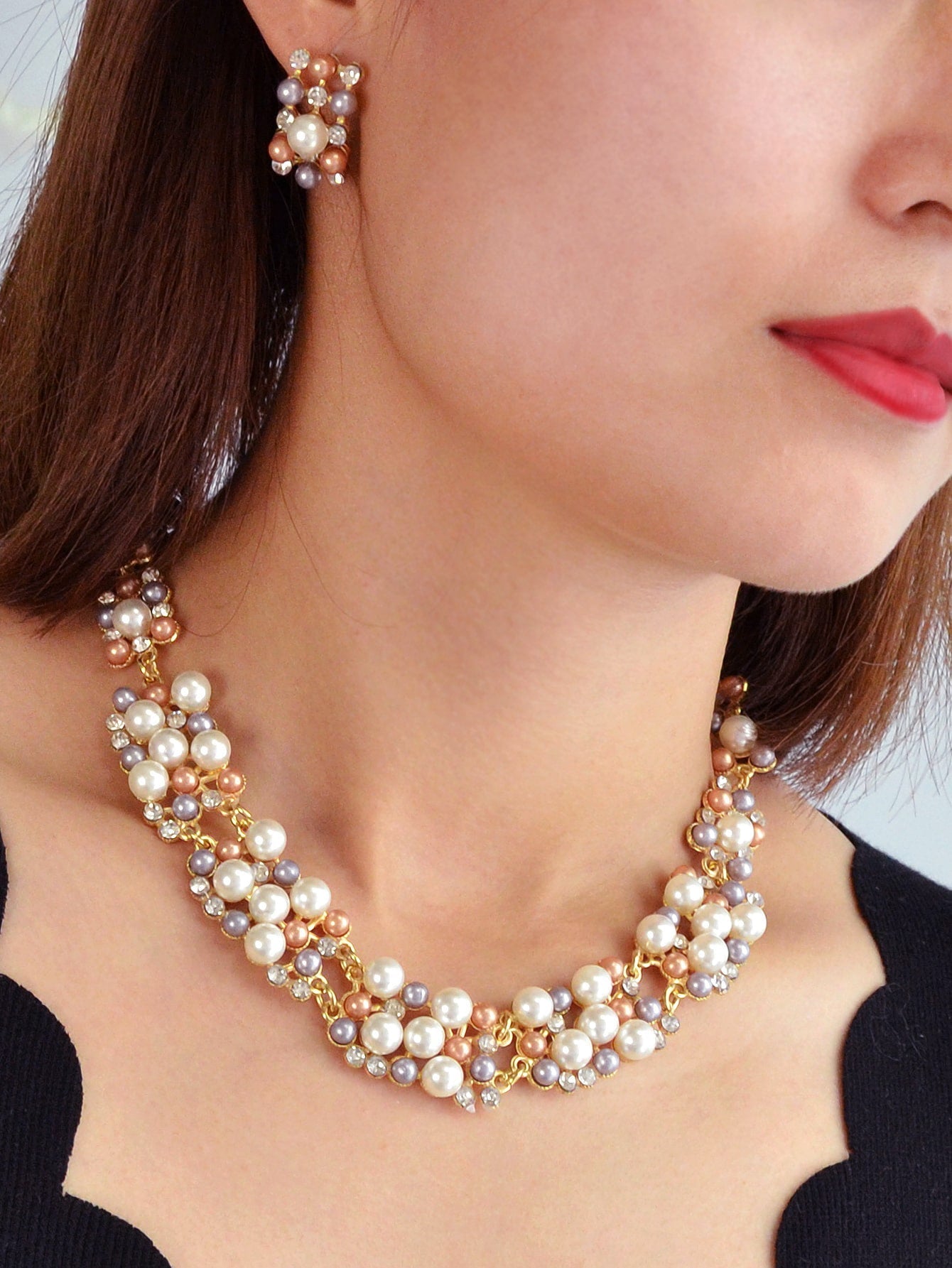Rhinestone Pearl Collar Necklace Stud Earrings Luxurious Engagement Jewelry Set-1