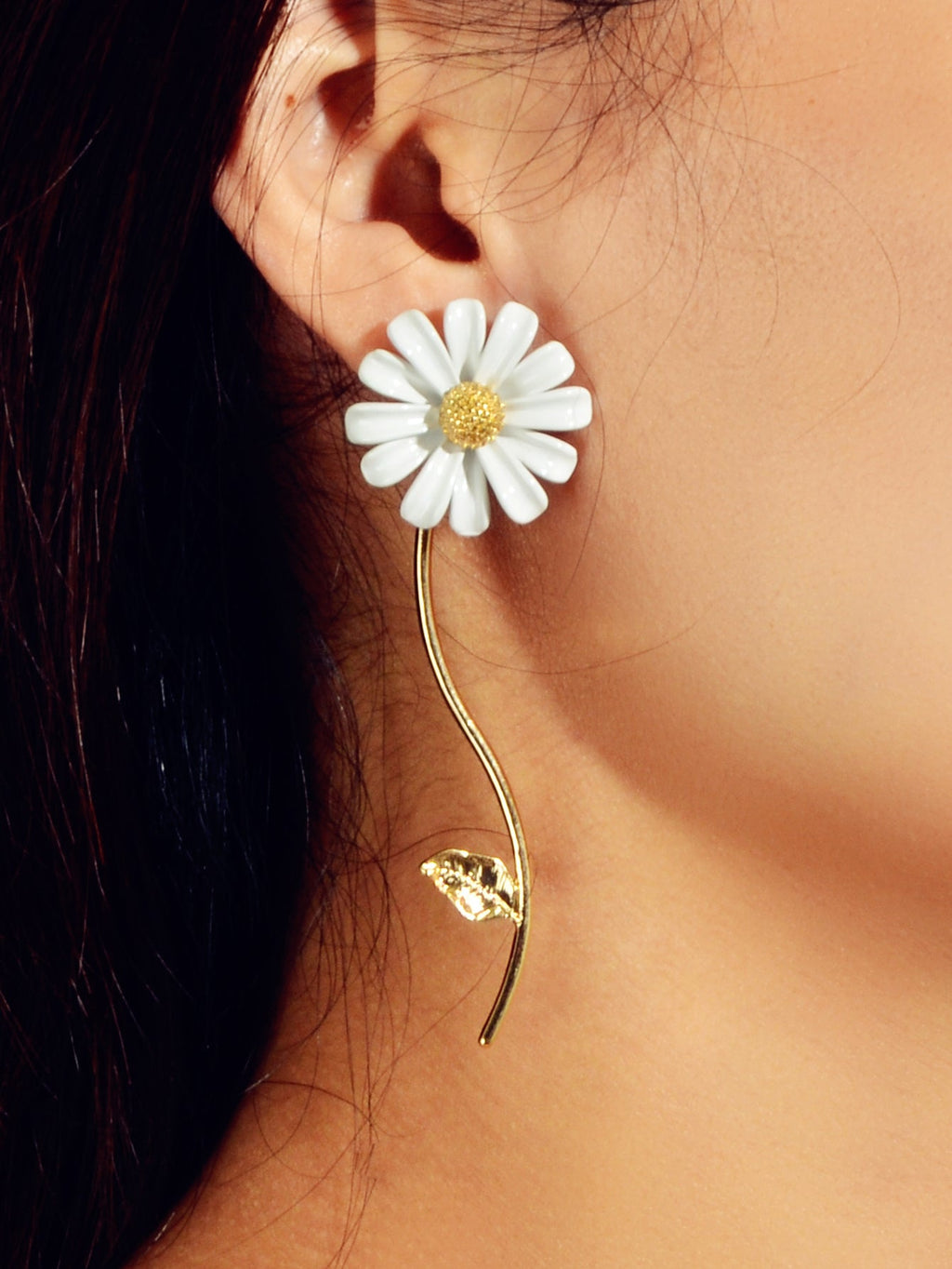Asymmetrical White Enamel Flower Stick Stud Dangle Earrings Ear Jacket Jewellery