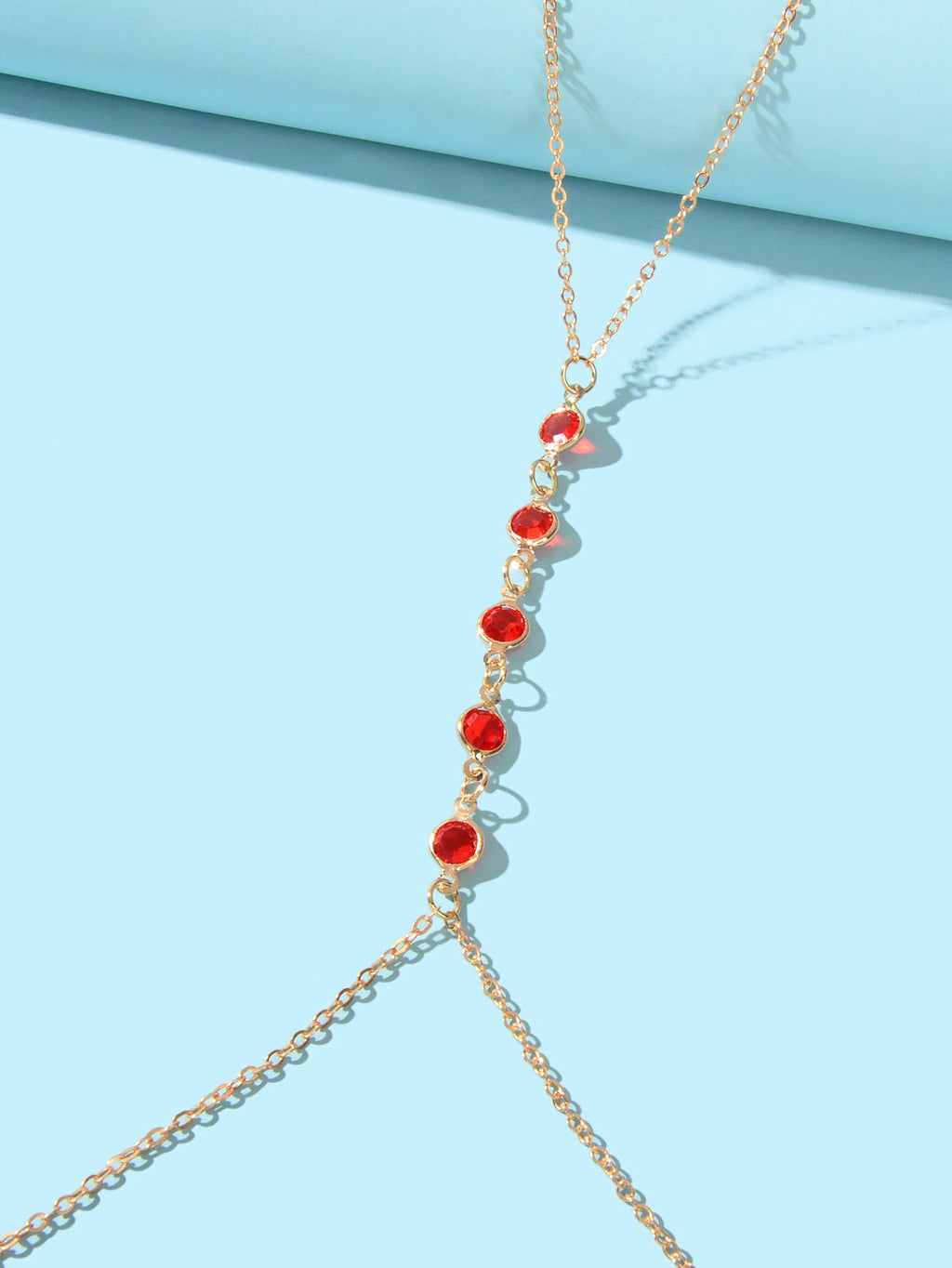 Sexy Red Beaded Decor Gold Body Chain Crossover Summer Beach Bikini Body Jewelry