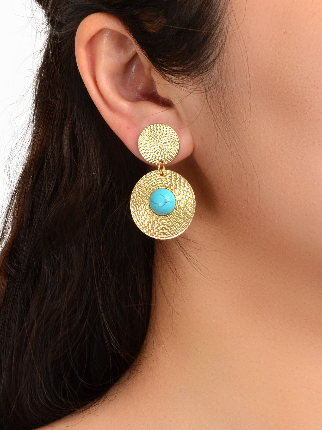 Bohemian Ethnic Style Turquoise Gold Round Disc Big Statement Vacation Earrings