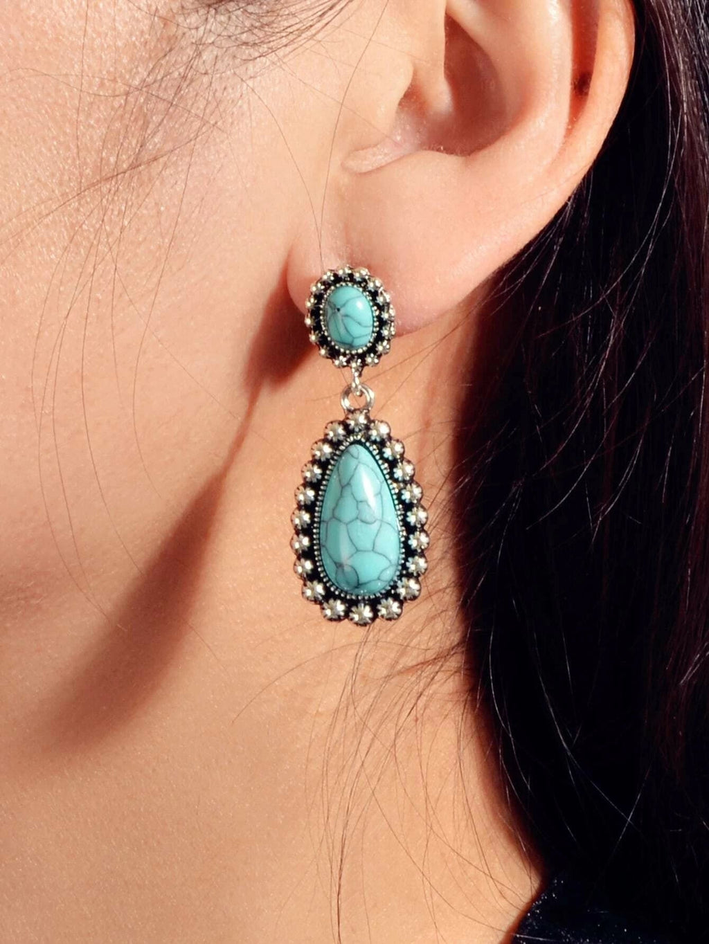 Traditional Jewellery Ethnic Antique Boho Oxidized Turquoise Water Drop Earrings-1