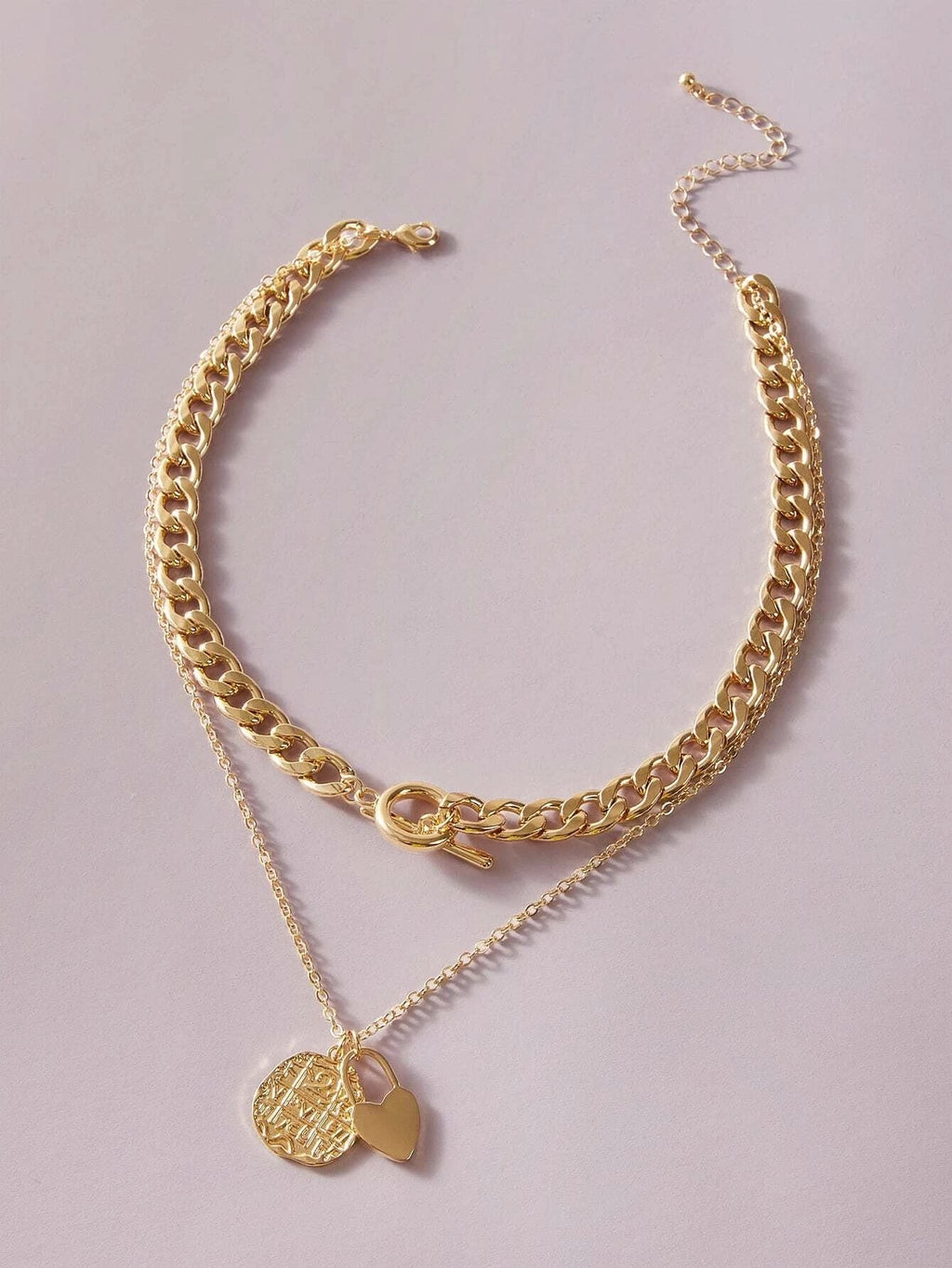 Punk Jewellery Crude Gold Double layer Chain Round Disc Lock Love Heart Necklace