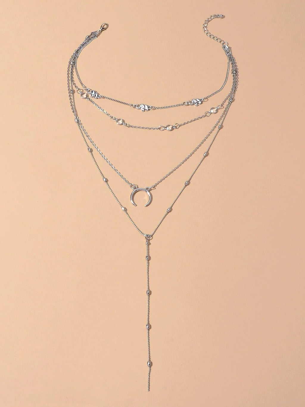 Tribal Ethnic Multi-layer Silver Chain Horns Pendant Necklace Boho Chic Jewelry