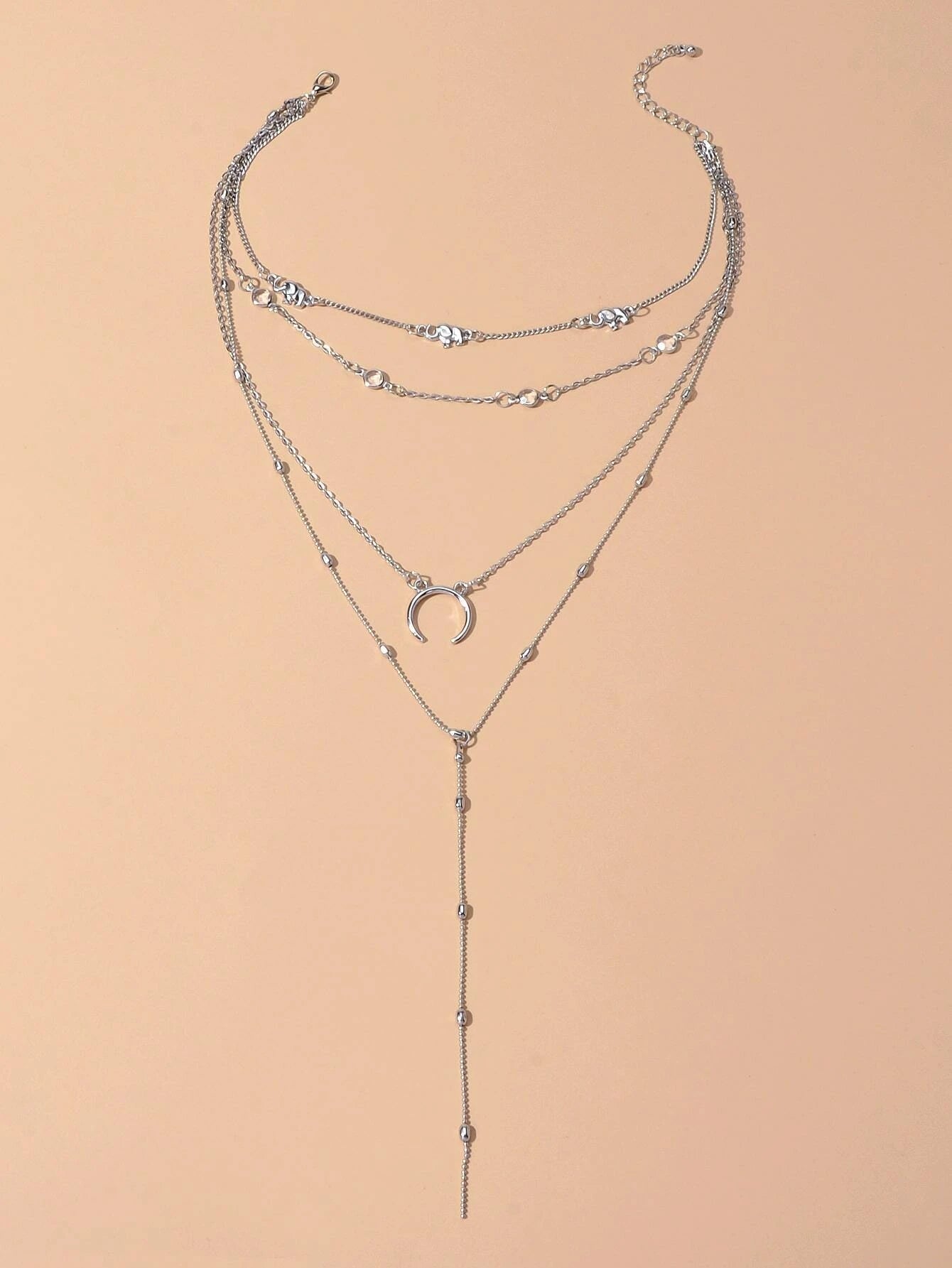 Tribal Ethnic Multi-layer Silver Chain Horns Pendant Necklace Boho Chic Jewelry