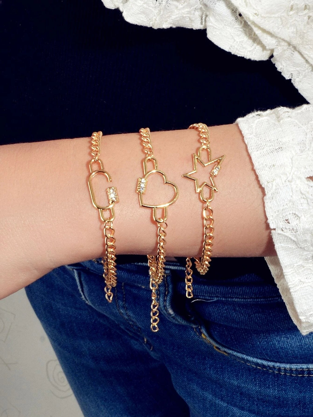 3 pcs Fashion Jewellery Gold Star Heart Geometric Charm Bracelet Set Accessories