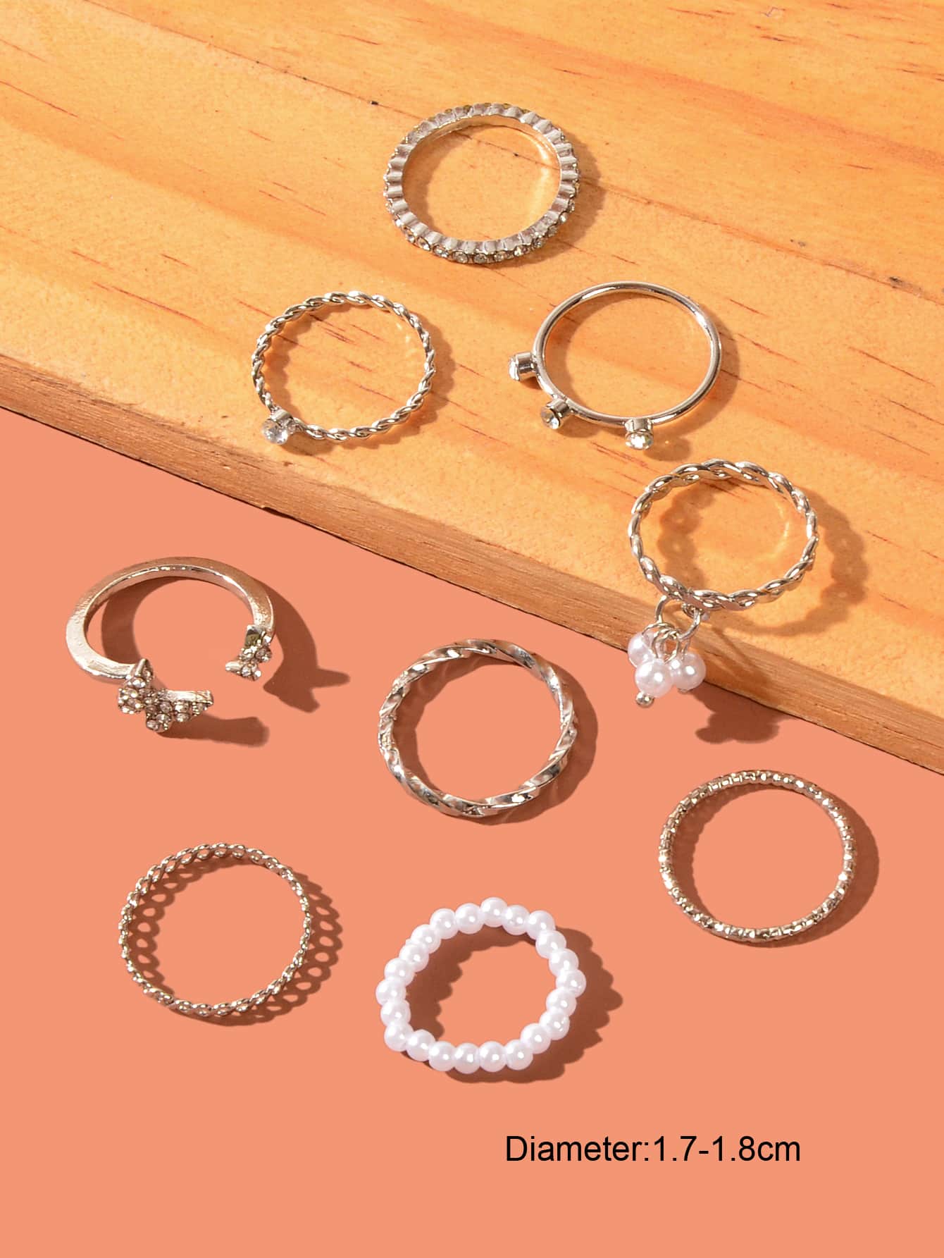 Set of Ten Silver Butterfly and Pearl Shaped Rings Elegant Statement Collection