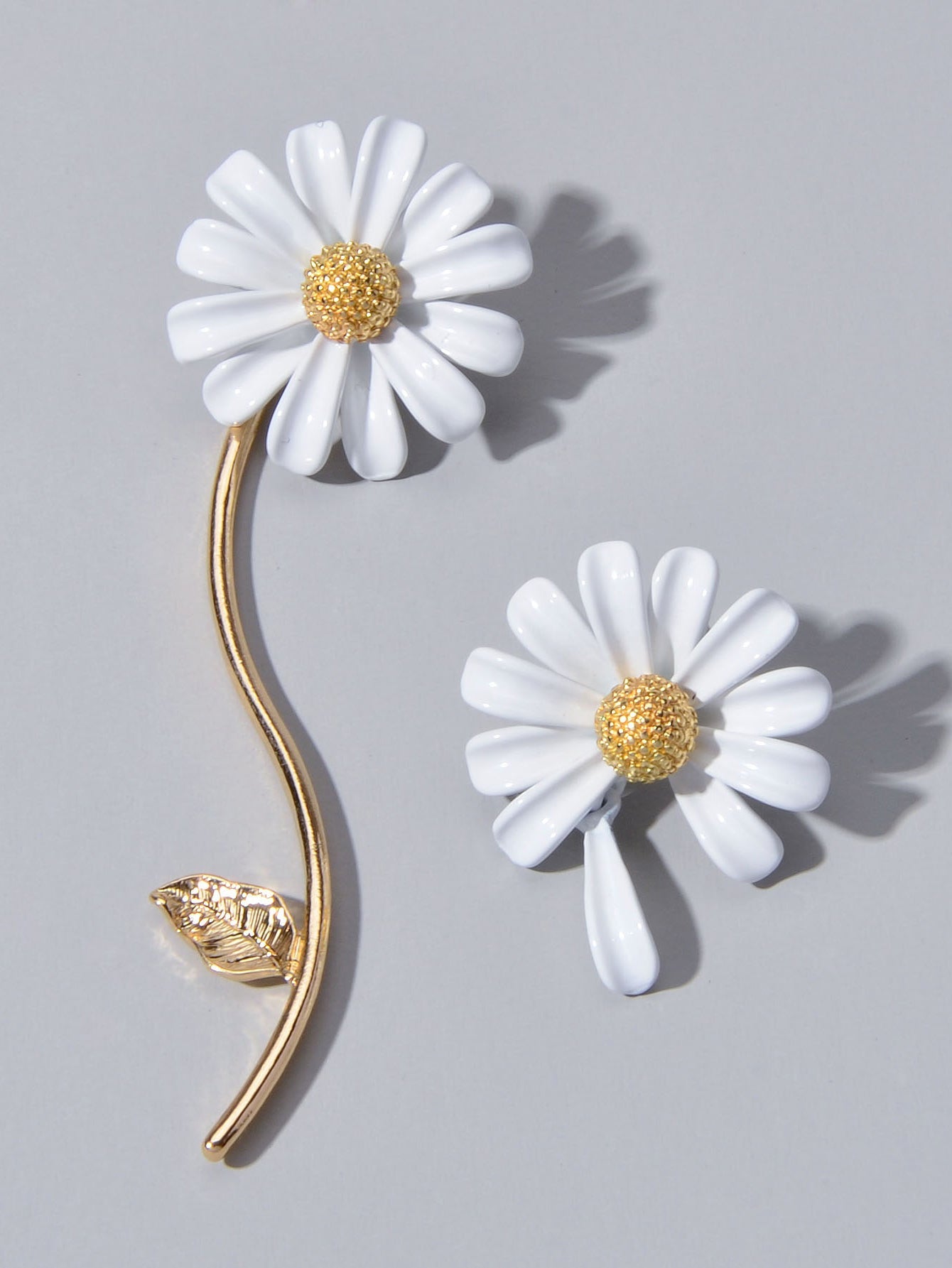 Asymmetrical White Enamel Flower Stick Stud Dangle Earrings Ear Jacket Jewellery