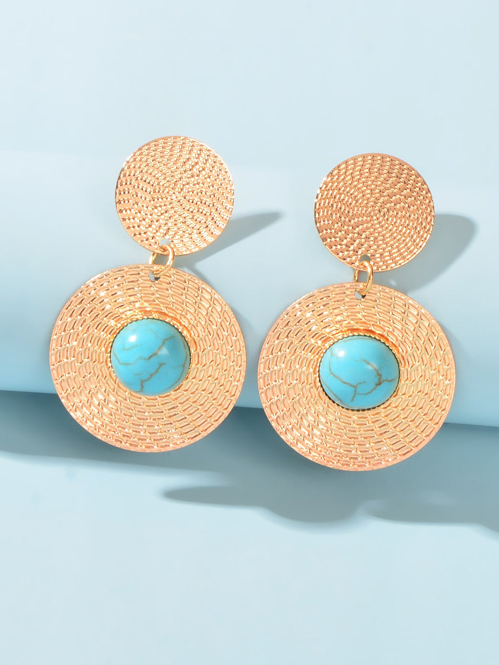 Bohemian Ethnic Style Turquoise Gold Round Disc Big Statement Vacation Earrings