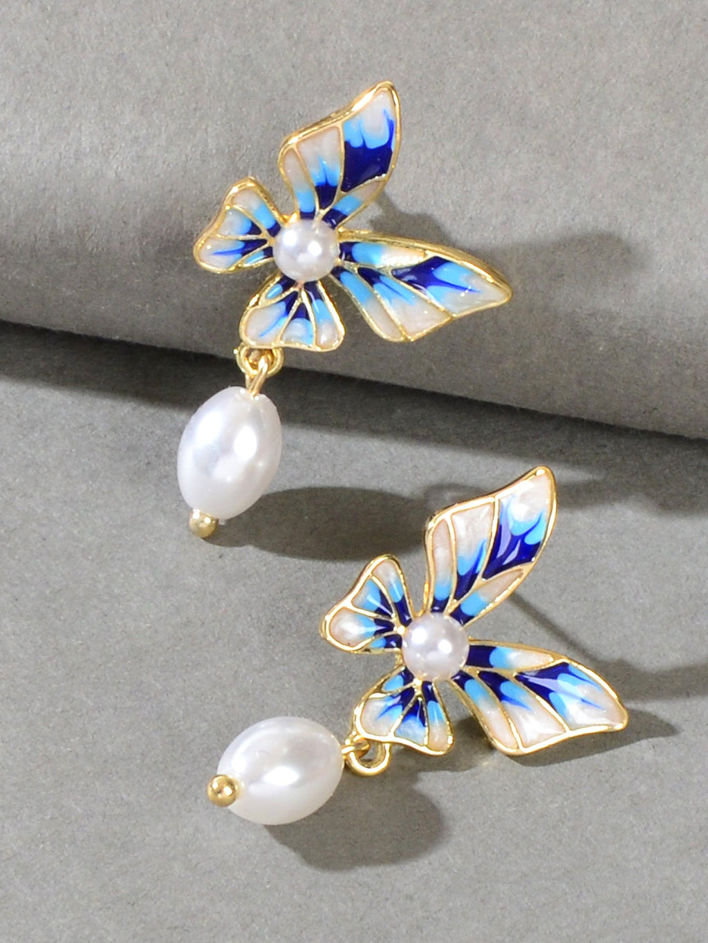 Trendy Dangle Pearl Blue White Enamel Butterfly Hypoallergenic Pierced Earrings