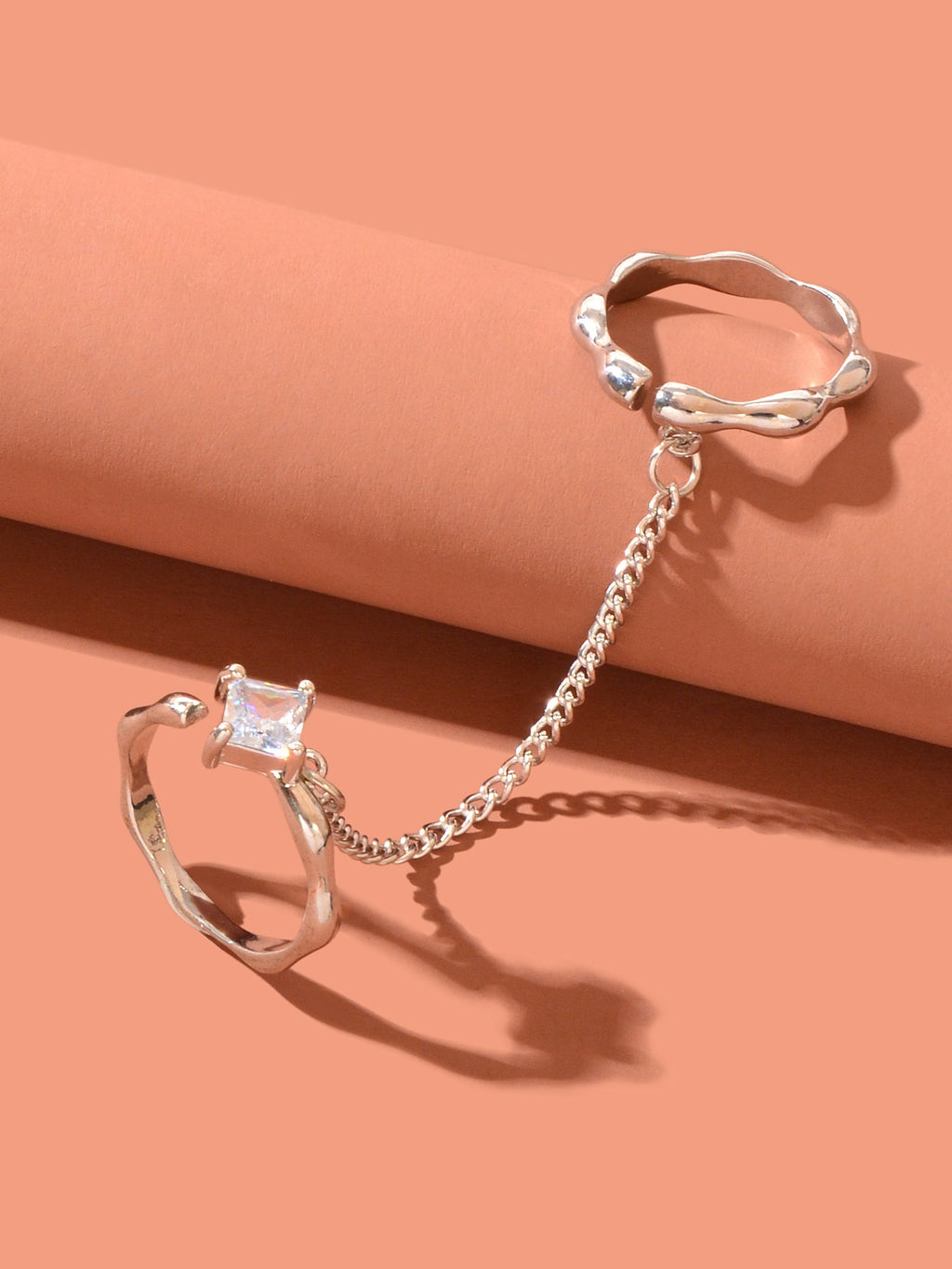 Unique Zirconia Decor Silver Double Fingers Ring with Chain Elegant Accessories