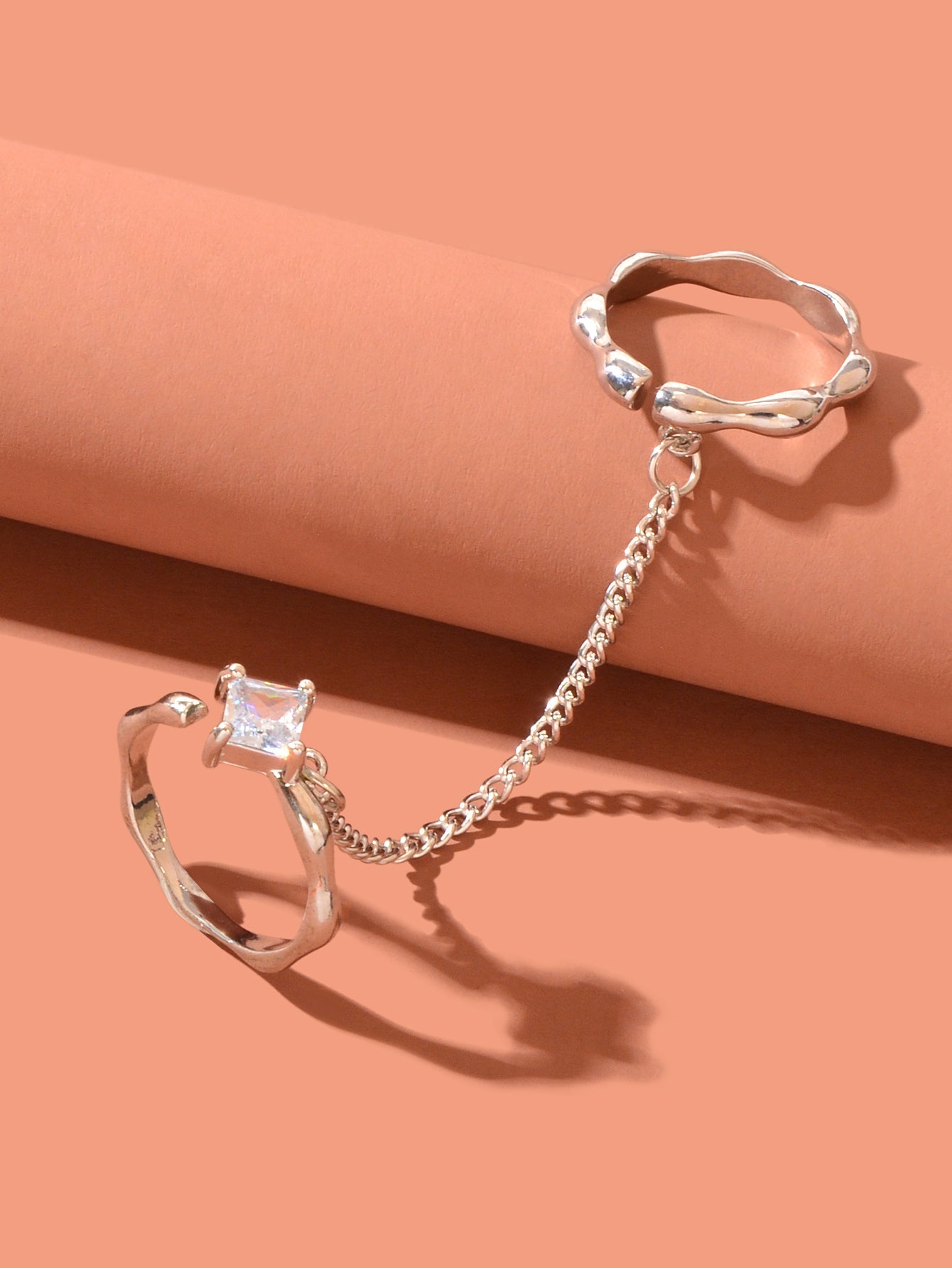 Unique Zirconia Decor Silver Double Fingers Ring with Chain Elegant Accessories